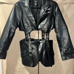 Forever 21 Black Faux Leather Blazer with Silver Cutout Design Size L